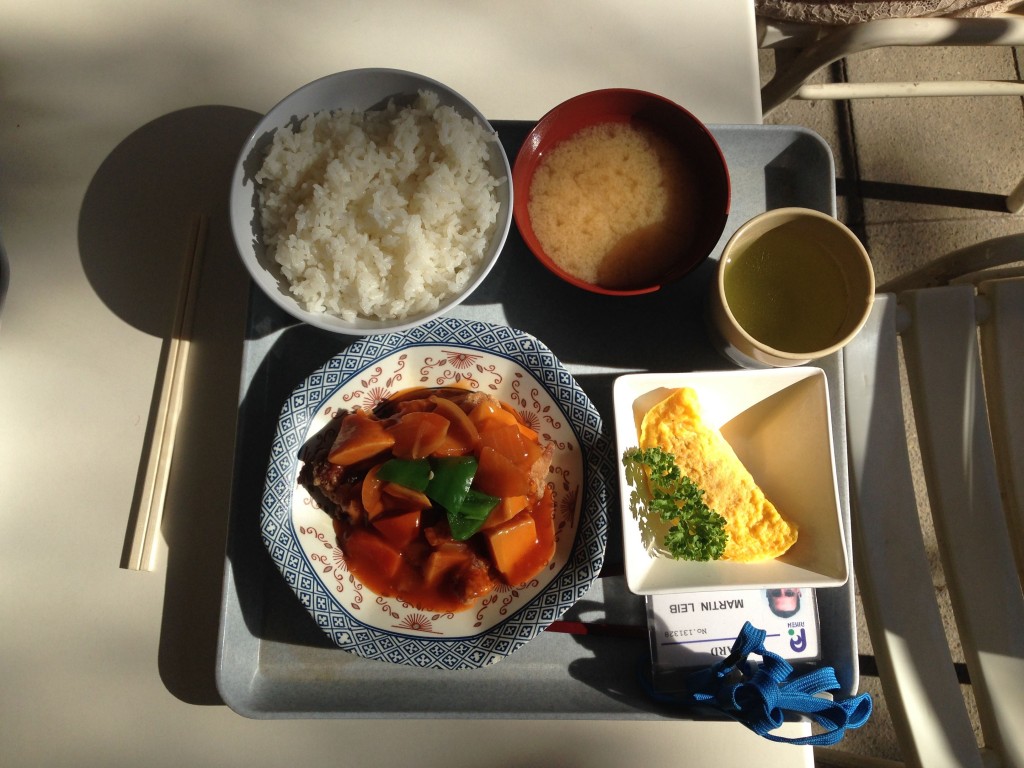 klassische Mahlzeit mit Reis, Misosuppe, Grüntee, Gemüse in Tomatensoße mit Fleischbällchen und ein Omelett